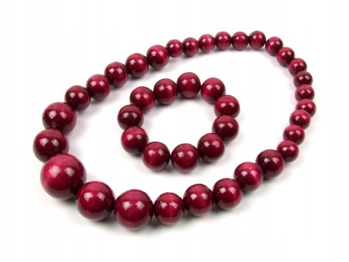 Komplet naszyjnik i bransoletka korale drewniane stopniowane wiśniowe