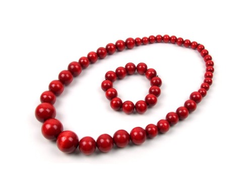 Komplet korale drewniane czerwone stopniowane naszyjnik + bransoletka