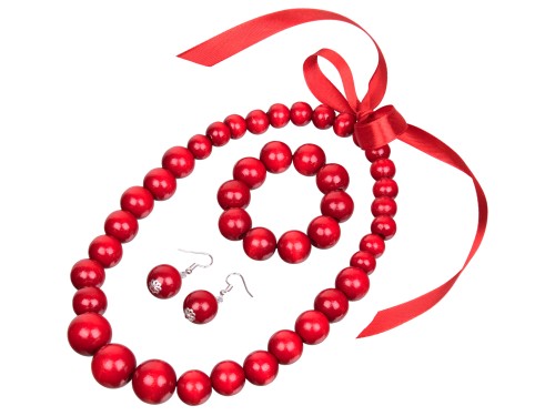 Zestaw czerwone korale drewniane dla dziewczynek naszyjnik bransoletka kolczyki