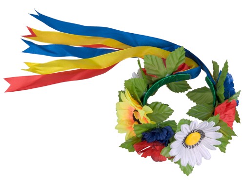 Wianek ze sztucznych kwiatów na opasce z wstążkami Boże Ciało