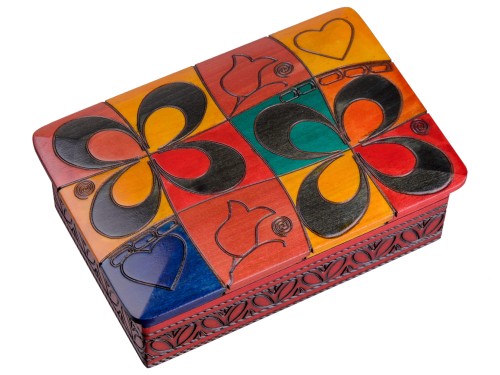 Kolorowa kasetka szkatułka drewniana kwiatowe wzory 17x12x6 cm 