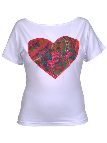 Koszulka t-shirt serce z kwiatowymi góralskimi wzorami biała XS - XXL