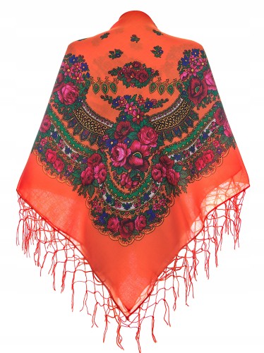 chusta ludowa, góralska duża z frędzlami pomarańczowa