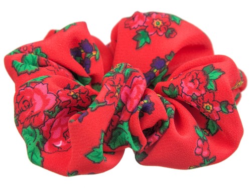 Gumka scrunchie wstążka do włosów ozdobna kwiatowy wzór folkowa  czerwona