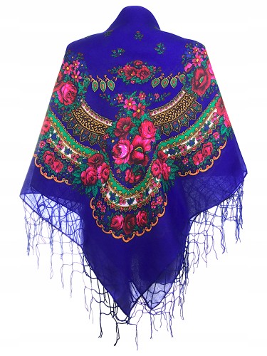 chusta ludowa, góralska duża z frędzlami chabrowa