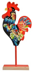 Figurka kogut kogucik drewniany na patyku kolorowy ogon 36 cm