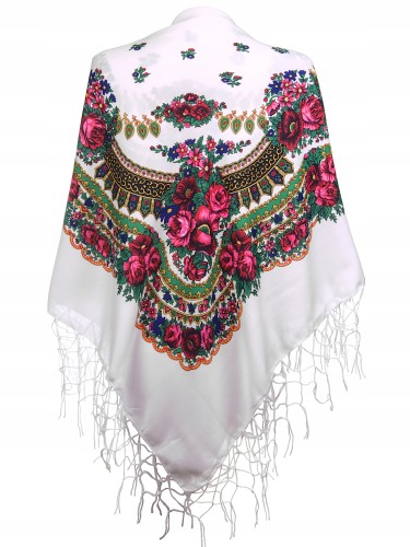 chusta ludowa, góralska duża z frędzlami biała