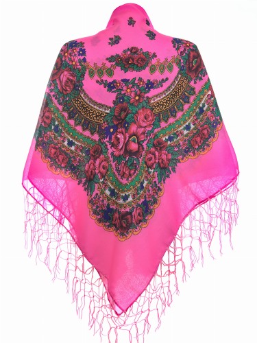 chusta ludowa, góralska duża z frędzlami różowa