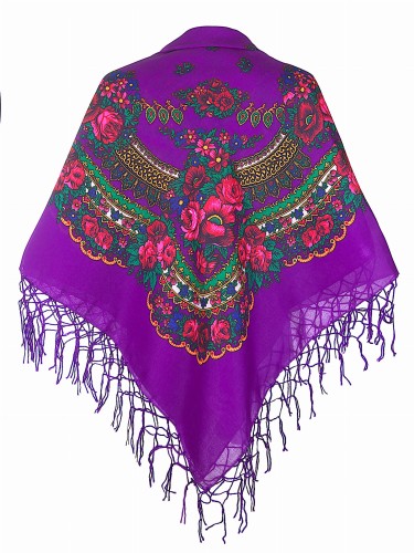 chusta ludowa, góralska duża z frędzlami fioletowa