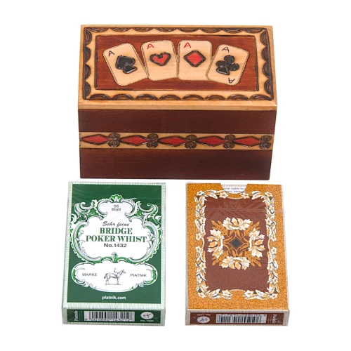 Karciarka 4 ASY mała drewniana + dwie talie kart Piatnik Liście Ðębu